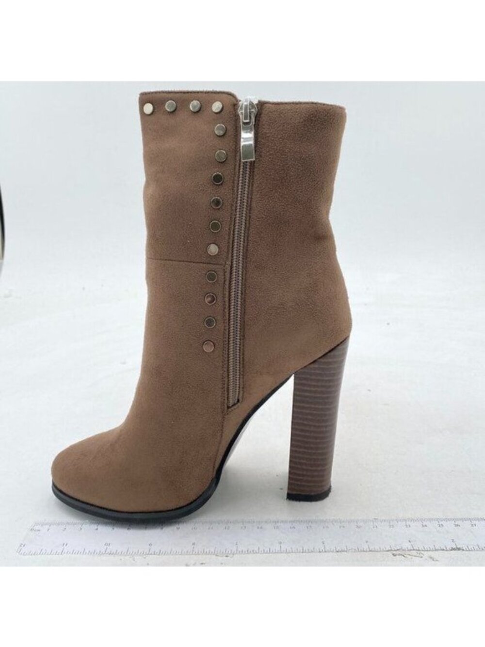 Brown Suede Heel Boot Chelsea Almond Toe Chunky Block High Heel Shoes